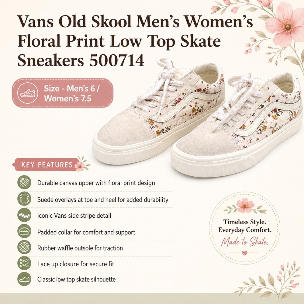 Vans Old Skool Men's 6 Women's 7.5 Floral Print Low Top Casual Sneakers 500714 - Picture 10 of 10